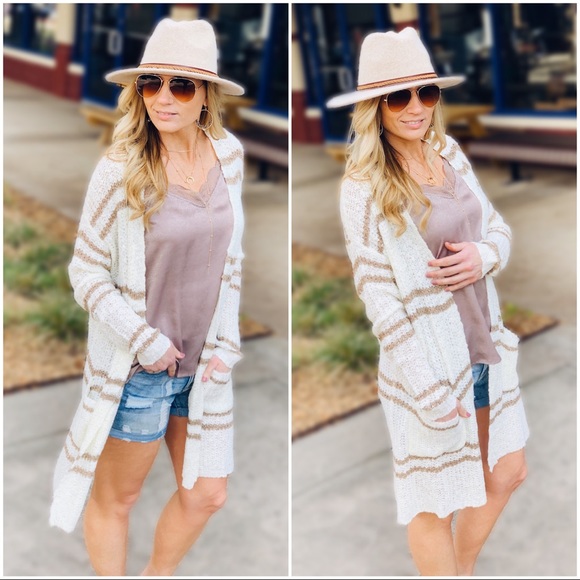 Cream and Taupe double stripe long cardigan - Picture 3 of 6